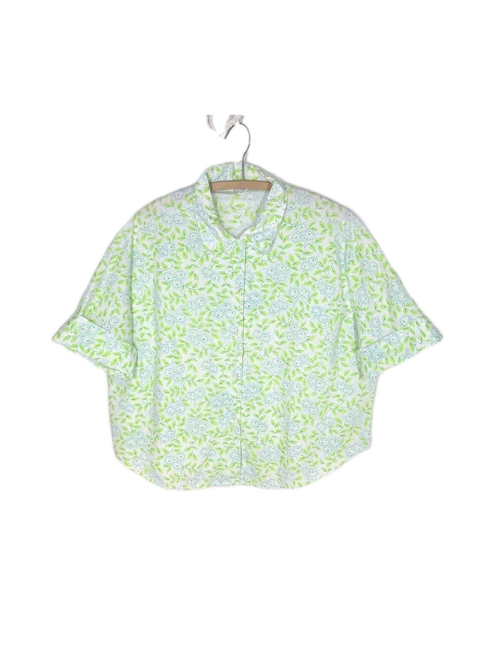 Vintage 1960s Womens Shirt Plus Size 44 Cotton Button Up Leaf Print Retro Japan